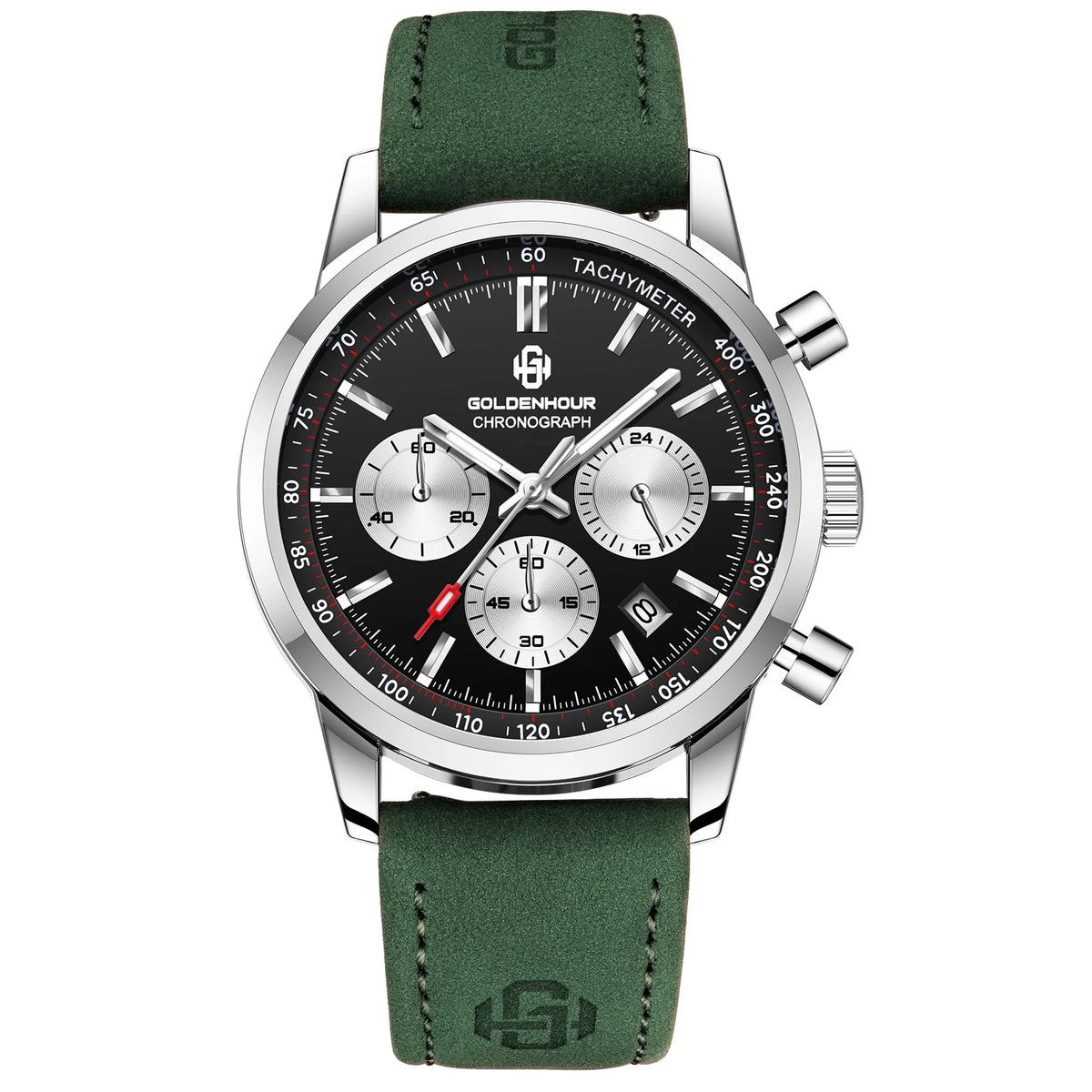 Relógio de luxo para homem GOLDENHOUR – Cronógrafo de quartzo, mostrador verde, bracelete em pele, resistente à água, luminescente, estilo militar e desportivo