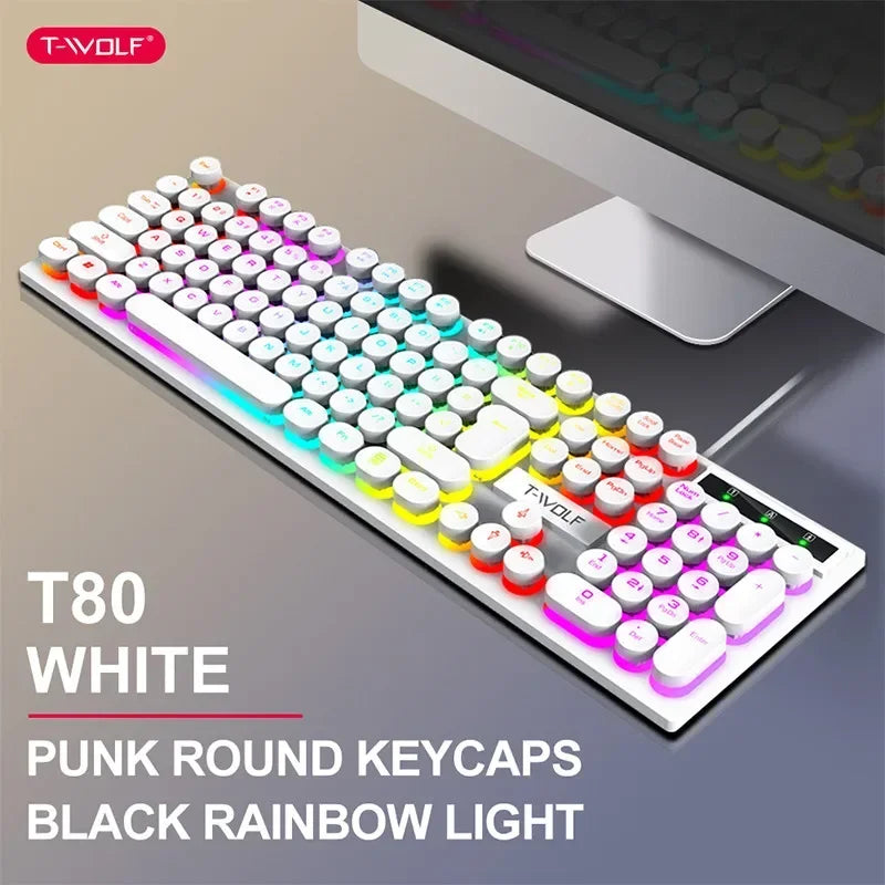 T80 Gaming Mechanical Feel Keyboard Wired 104 Keys Keyboard USB Retro Punk Game office Suspended Keycap cool RGB lighting effect