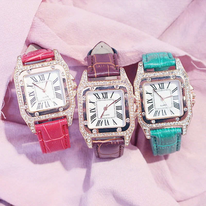 Square Women Watches Waterproof Luxury Rhinestone Quartz Wristwatch PU Leather Ladies Watch Female Ladies Watch Gift Wrist Watch