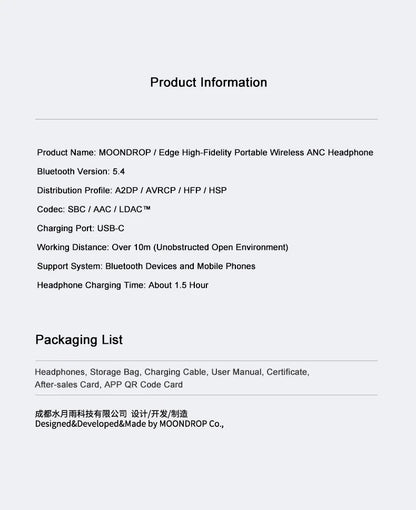 MOONDROP EDGE High-Fidelity Portable Wireless ANC Headphone Bluetooth 5.4 LDAC headset
