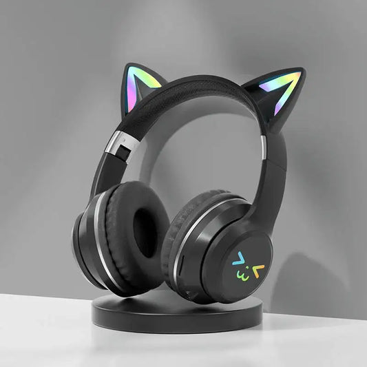 Słuchawki Bluetooth RGB w kształcie kocich uszu – bezprzewodowy zestaw do gier z mikrofonem, urocze słuchawki stereo z podświetleniem LED – prezent dla dziewczynek
