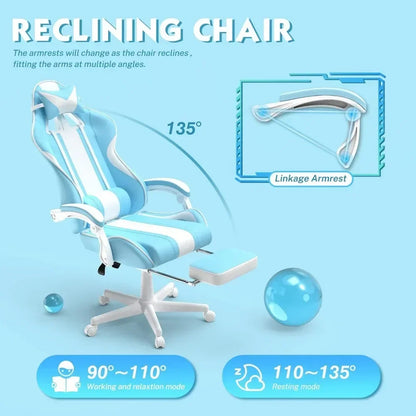 #For Kawaii Light Blue Gaming Chair with Bunny Ears, Ergonomic Cute Gamer Chair with Footrest and Massage, Racing Reclining&