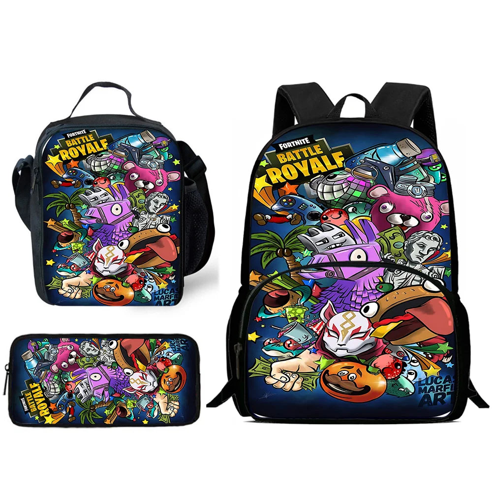 Kinder-Rucksack-Set im angesagten Gaming-Design mit Lunchbag und Federmäppchen, große Kapazität, Schultaschen für Jungen und Mädchen, ideales Geschenk F-FortniteS