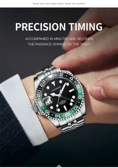 Orologio da uomo GUANQIN GMT 2025, nuovo orologio automatico da uomo NH34, meccanico da polso, vetro zaffiro, acciaio inox, per mancini