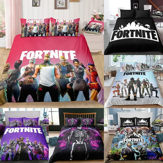Fortnite-Bettwäsche-Set, Bettbezug, 3-teilig, 3D-bedruckte Schlafzimmer-Bettwäsche, Game-Anime-Cartoon-Kissenbezug, Zimmerdekoration, Geschenk