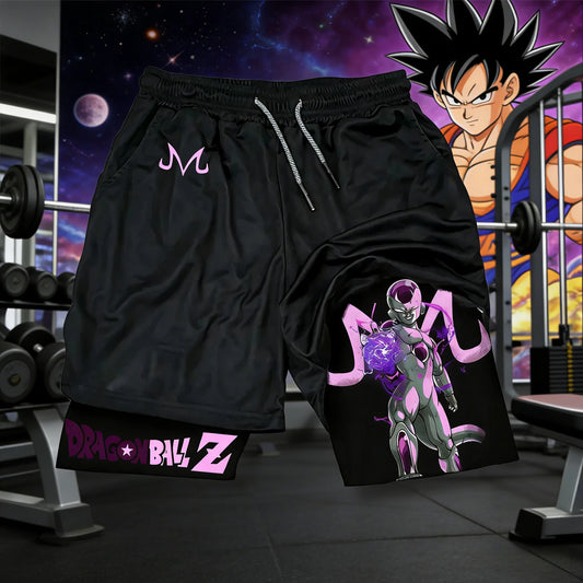 2026 Summer Dragon Ball Double Layer Men's Workout Shorts, Frieza Print Quick Dry Athletic Outdoor Running Shorts Oversized Y2k