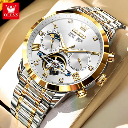 OLEVS Men's Watches Moon Phase Hollow Flywheel Exclusive Original Automatic Mechanical Watches For Men Luxury Man Watch New 7029