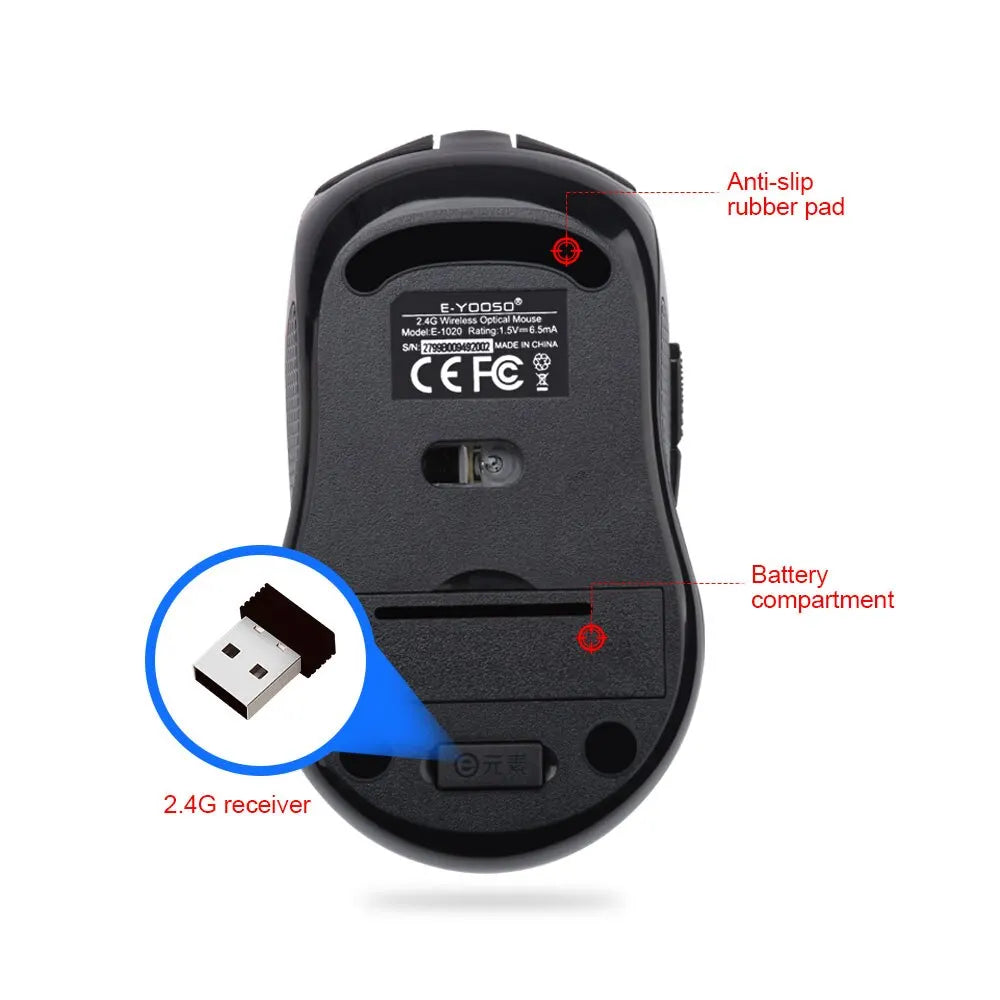 E-YOOSO E-1020 USB 2.4G Wireless Gaming Noiseless Mute Office Mouse 2400 DPI Optical Game Mice Ergonomic for Laptop PC Computer