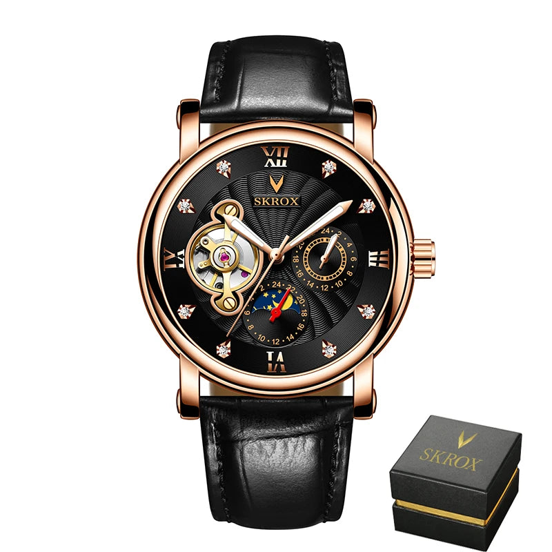 Orologio da polso meccanico automatico di lusso da uomo, firmato da un grande marchio, dotato di tourbillon, fase lunare e diamanti: un elegante orologio da polso.