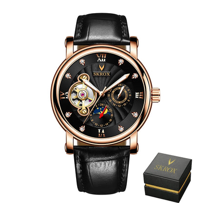 Orologio da polso meccanico automatico di lusso da uomo, firmato da un grande marchio, dotato di tourbillon, fase lunare e diamanti: un elegante orologio da polso.