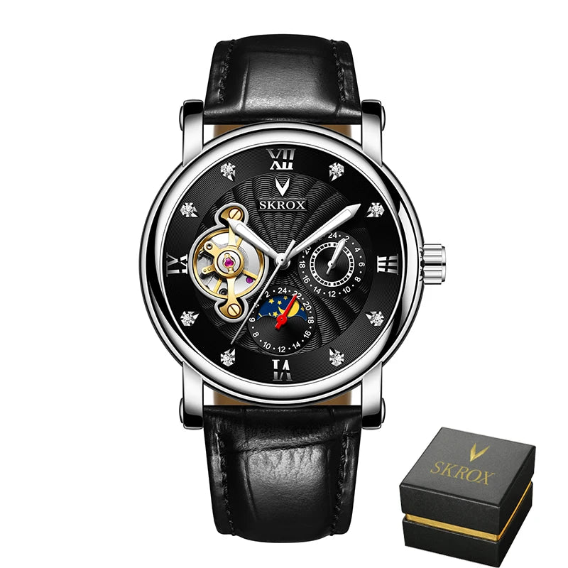 Orologio da polso meccanico automatico di lusso da uomo, firmato da un grande marchio, dotato di tourbillon, fase lunare e diamanti: un elegante orologio da polso.