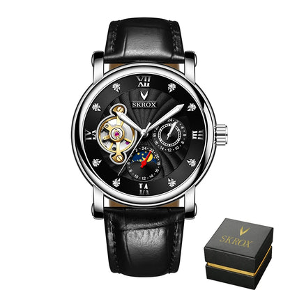 Orologio da polso meccanico automatico di lusso da uomo, firmato da un grande marchio, dotato di tourbillon, fase lunare e diamanti: un elegante orologio da polso.