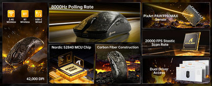 ATTACK SHARK R11 ULTRA Carbon Fiber Wireless Gaming Mouse, 8000Hz, PAW3950MAX, 42000DPI, 49g Lightweight, 20000FPS, Nordic 52840