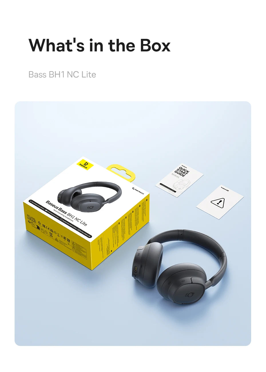 Baseus Bass EH10 NC Wireless Headphones Bluetooth 6.0 Noise Canceling 45dB Over Ear HeadsetSpatial Audio Earphone 80H Time
