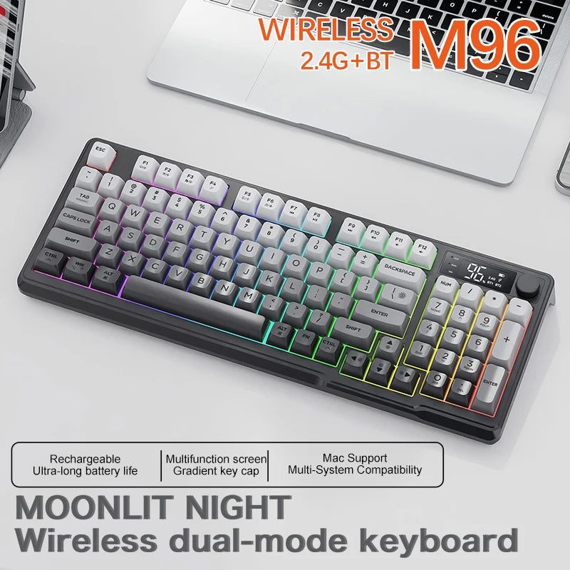 Teclado Sem Fios Bluetooth M96 FREEWOLF com Ecrã Digital, Retroiluminação RGB, Bateria de 2000mAh e Teclas PBT para PC/Portátil