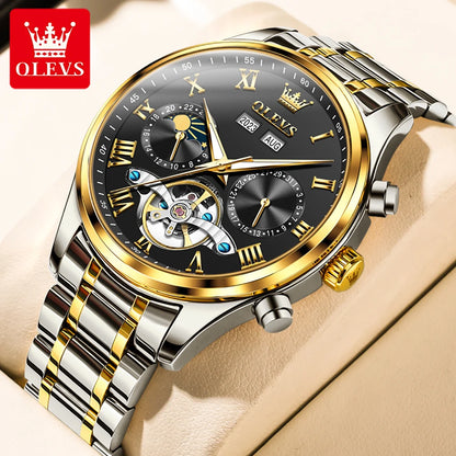 OLEVS 7005 Classic Business Mechanical Wristwatch for Men Skeleton Flywheel 24 Hour Moon Phase Calendar Luxury Men's Watch