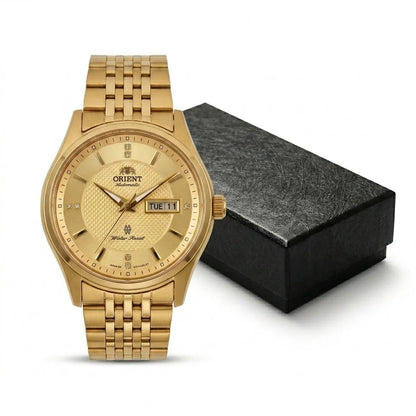 Orient mekanisk automatisk herreur med dobbelt kalender (dato og ugedag), krystalindekser og armbånd i rustfrit stål – Armbåndsur i professionel stil
