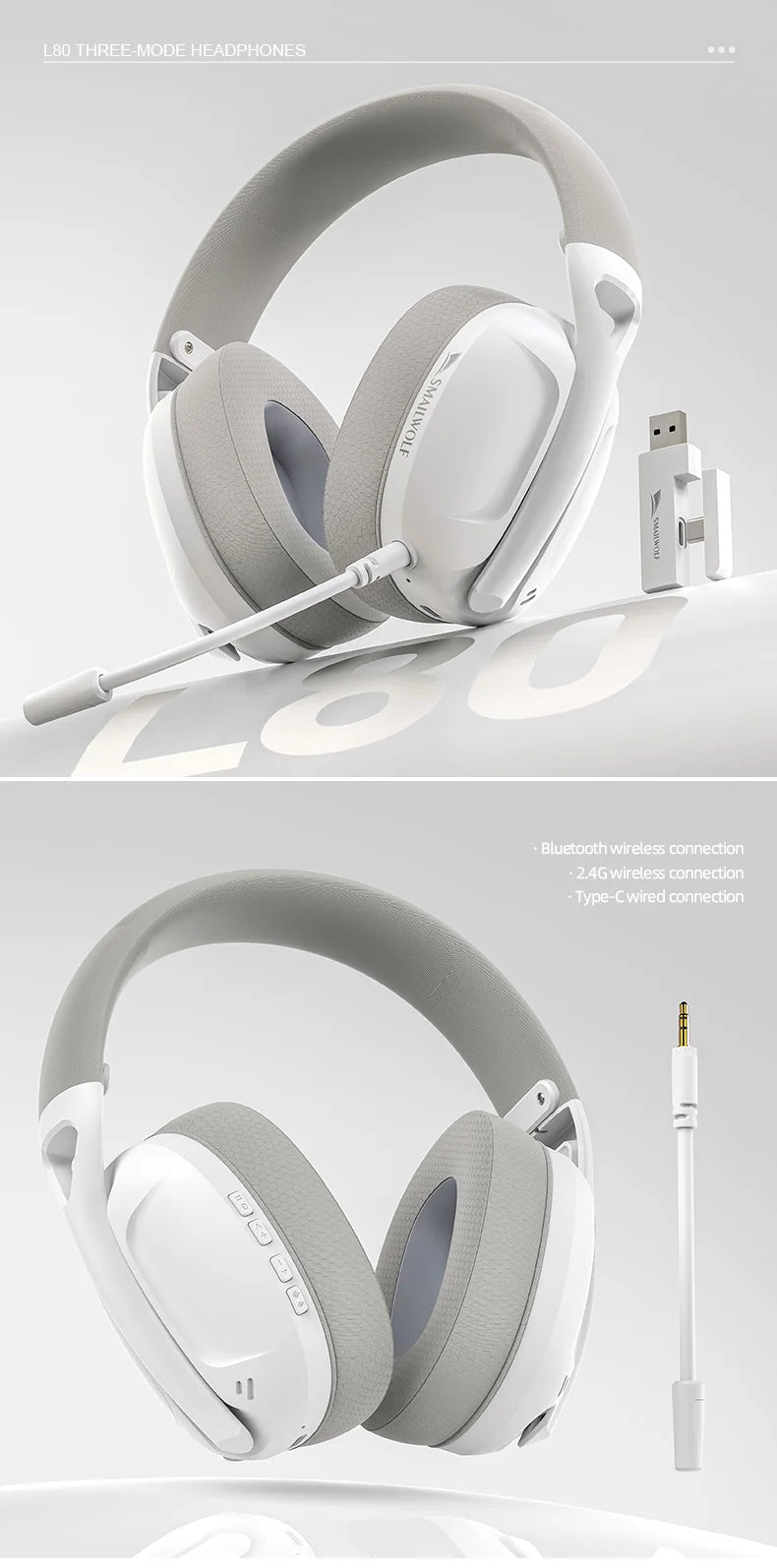 SMAILWOLF L80 Bluetooth wireless three-mode gaming headset, lightweight 185g plug-in microphone e-sports gaming headset