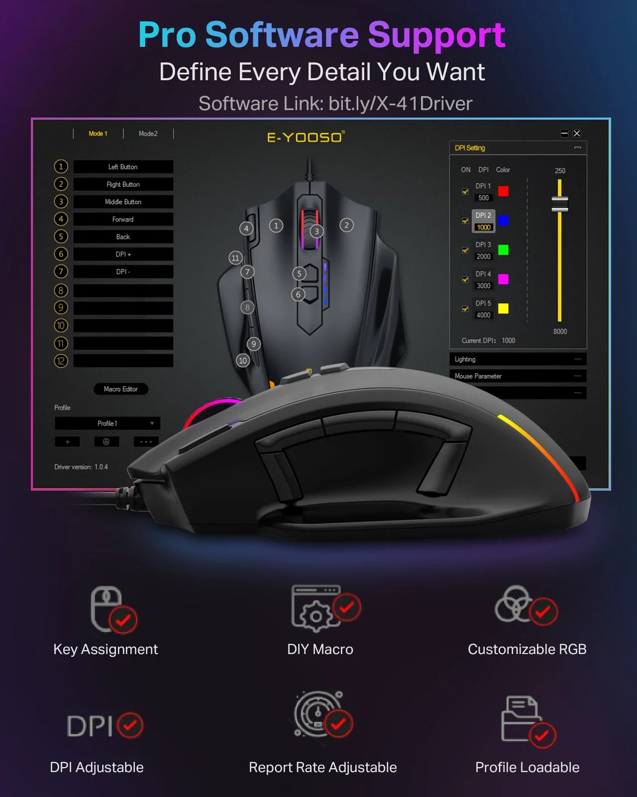E-YOOSO X-41 Pro USB Wired Gaming Mouse RGB Backlit 12400 DPI 11Buttons Programmable Ergonomic Mice for Work Computer PC Laptop