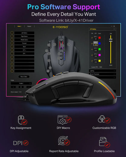 E-YOOSO X-41 Pro USB Wired Gaming Mouse RGB Backlit 12400 DPI 11Buttons Programmable Ergonomic Mice for Work Computer PC Laptop