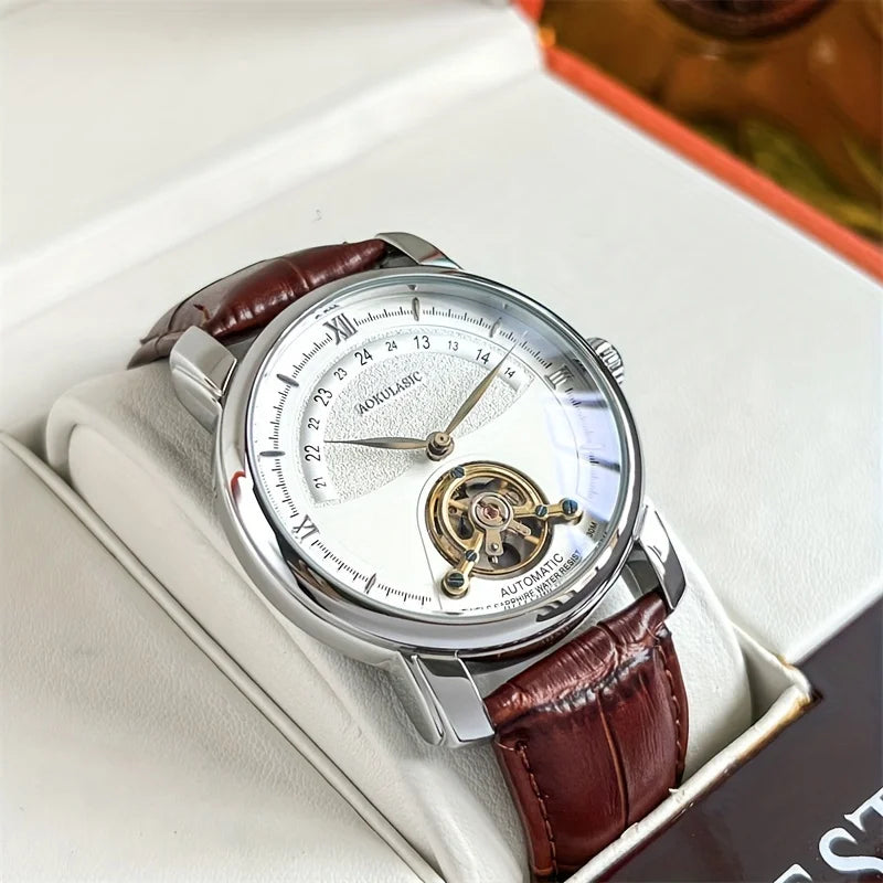 Mekanisk automatisk herreur – Elegant skeletdesign, trendy »business casual«-stil, urkasse i legering og læderrem, uden batteri