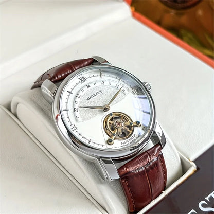 Mekanisk automatisk herreur – Elegant skeletdesign, trendy »business casual«-stil, urkasse i legering og læderrem, uden batteri