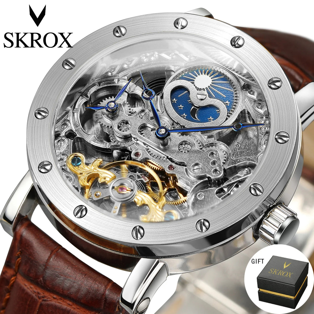 Relógio de pulso mecânico automático SKROX para homem, modelo esqueleto com função GMT, fase lunar e turbilhão – Relógio de luxo de alta gama, elegante e original.