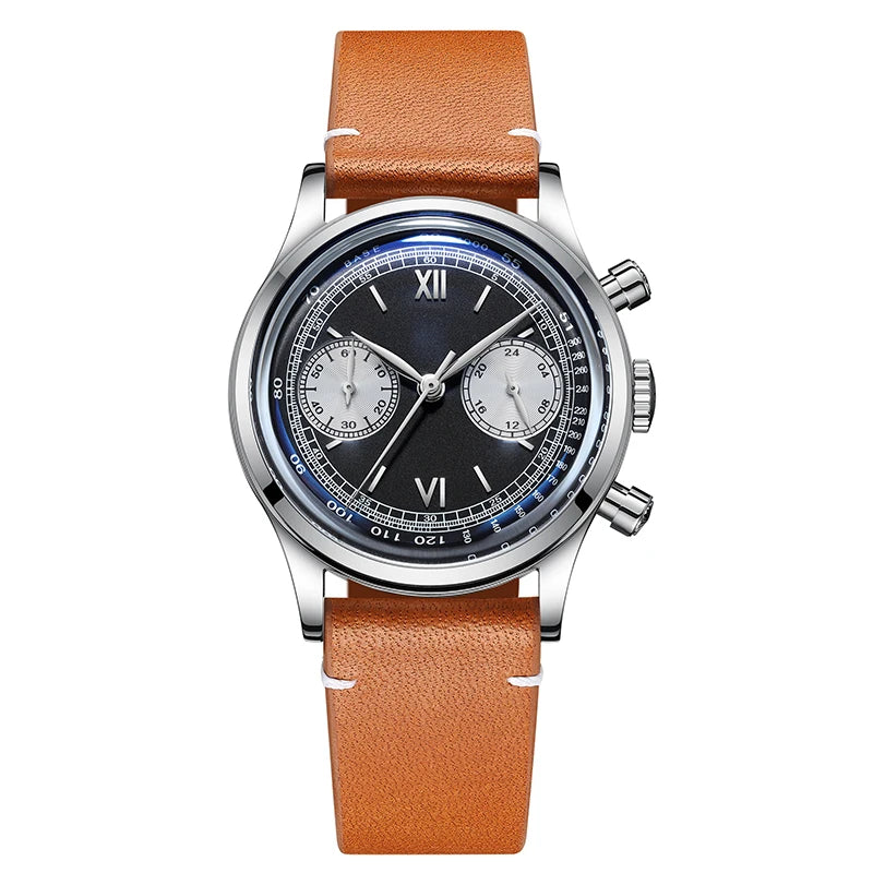 ADDIESDIVE AD2037 Men Quartz Watch Multifunctional 24 Hour Chronograph Black Dial Leather Watches 100m Dive Business Wristwatch