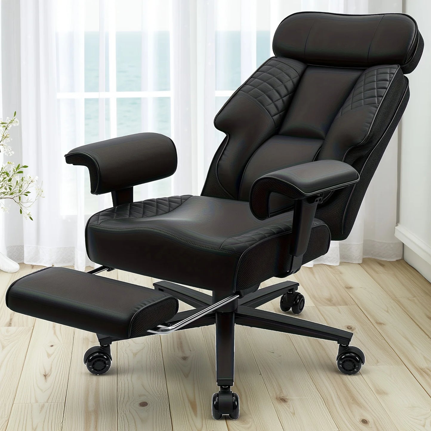 Executive Office Chair with Foot Rest and Waist Lumber Support, Ergonomic Gaming Chair with Adjustable Height Headrest for Home