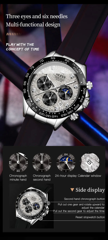 OLEVS Luxury Brand Quartz Watch for Men Waterproof Luminous Moon Phase Hour Men's Watch Chronograph Sport Wristwatch Moonswatch