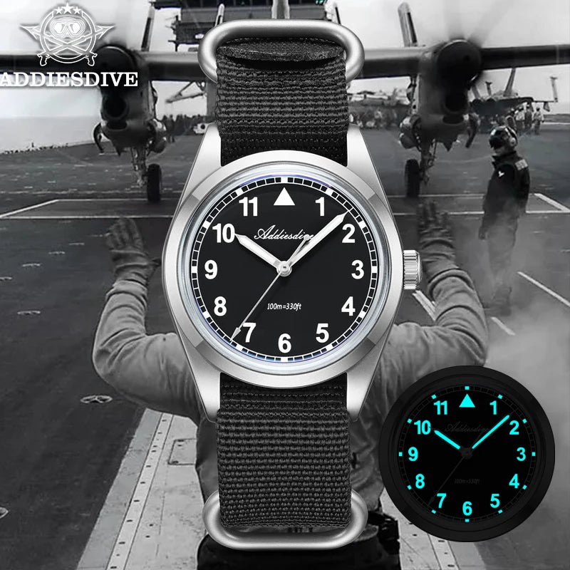 Reloj analógico para hombre ADDIESDIVE de 36mm con cristal de espejo abombado, resistente al agua 100m, luminoso, reloj de cuarzo sencillo para hombre con correa de nailon
