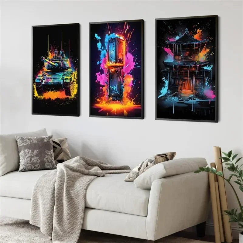 Pop-Neon-Poster mit Videospiel-Charakter, Gamepad, Kopfhörern, Fußball und Basketball – Leinwanddruck, Wandkunst-Dekor für das Gaming-Zimmer