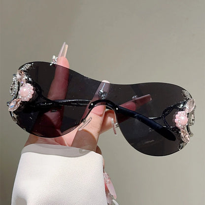 Ochelari de soare KAMMPT fără ramă Y2k cu strasuri, pentru femei, monobloc, pentru activități în aer liber, cu design la modă și lentile cu gradient