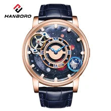 Relógio mecânico para homem HANBORO – Movimento automático, alarme, sinal horário, resistente à água até 100 m, vidro de safira, caixa em aço, estilo elegante e único.