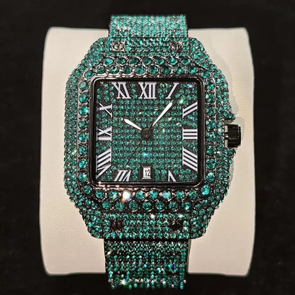 Green Diamond Watch For Men Brand UNIGUET Fashion Roman Literal Quartz Clock Man Hip Hop Iced Jewelry Square Wristwatch 2025 New