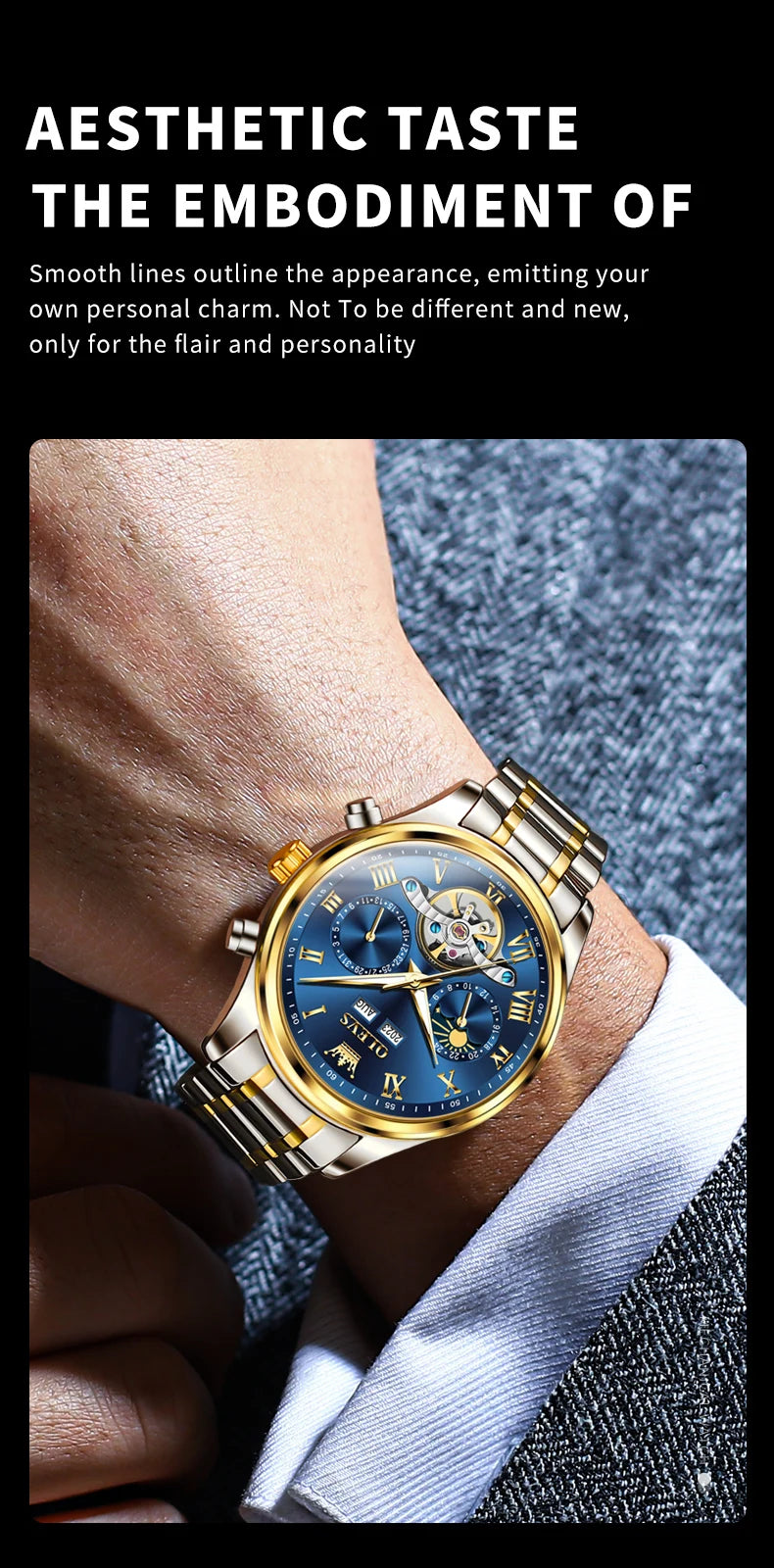 OLEVS 7005 Classic Business Mechanical Wristwatch for Men Skeleton Flywheel 24 Hour Moon Phase Calendar Luxury Men's Watch