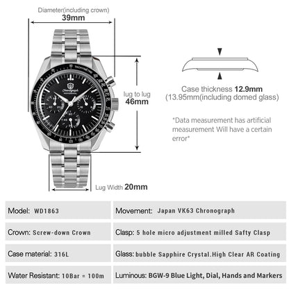 Watchdives New Wd1863 Quartz Men Watch VK63 Chronograph Bubble Sapphire Waterproof 39Mm Steel Top Brand Luxury Business Watch