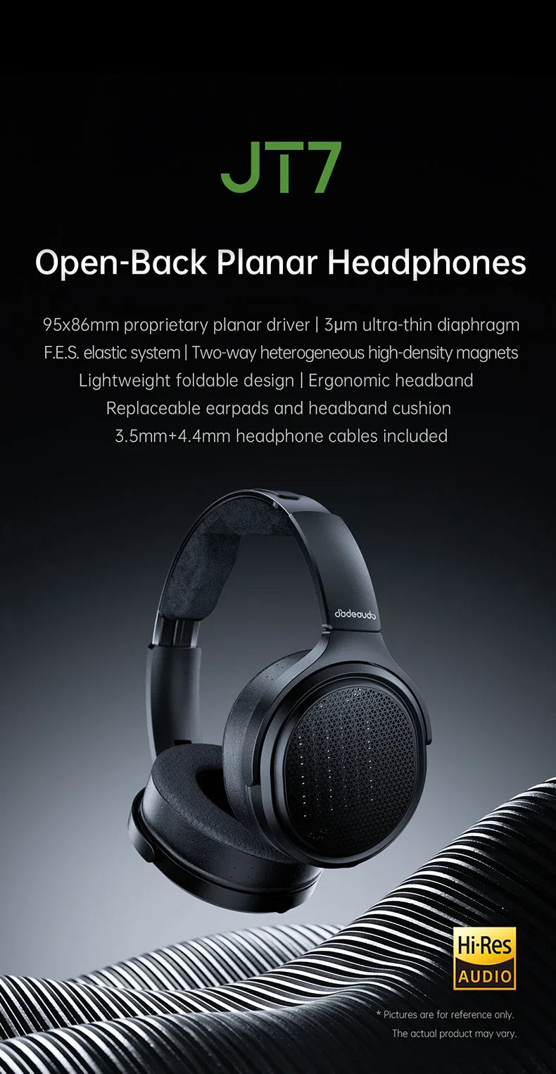 FiiO JT7 Over-Ear Planar Magnetic Audiophile Headphones 95x86mm Planar Driver Design Adjustable Headband 4.4mm/3.5mm Cable