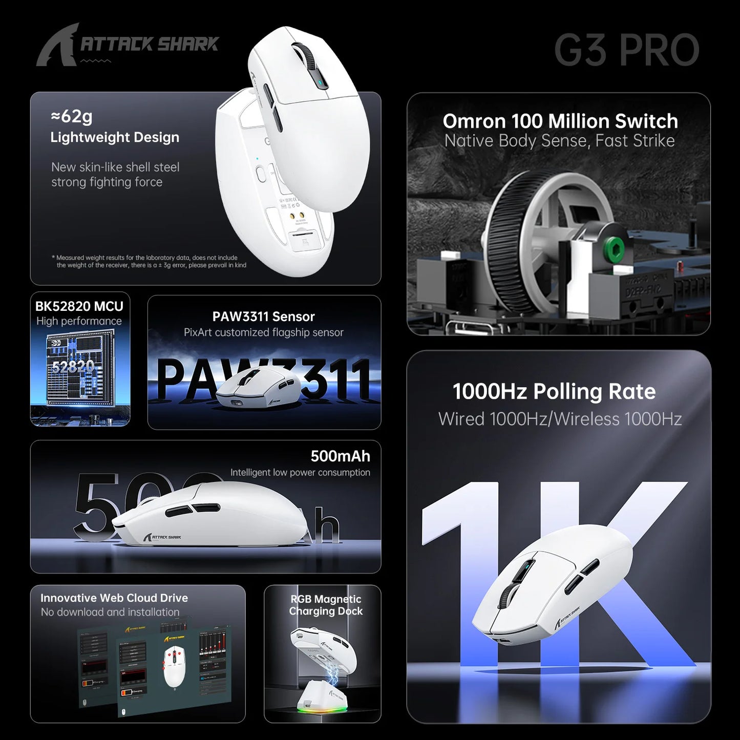 ATTACK SHARK G3PRO Tri-mode Wireless Gaming Mouse with Charge Dock 25000 DPI Ultra Lightweight, PAW3311 Sensor