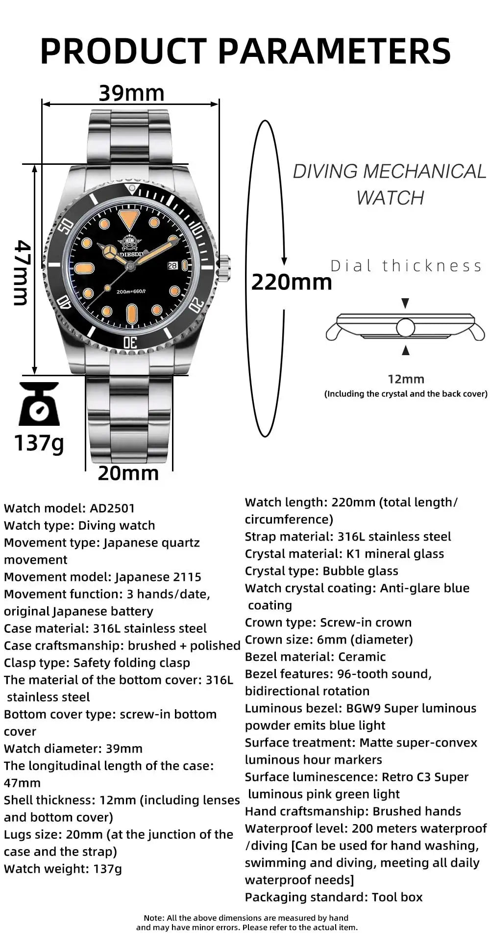 ADDIESDIVE Men's Gift Box Luxury Diver Watch Super Luminous Bubble Mirror Glass Quartz Watch 20Bar Ceramic Bezel Steel Watch