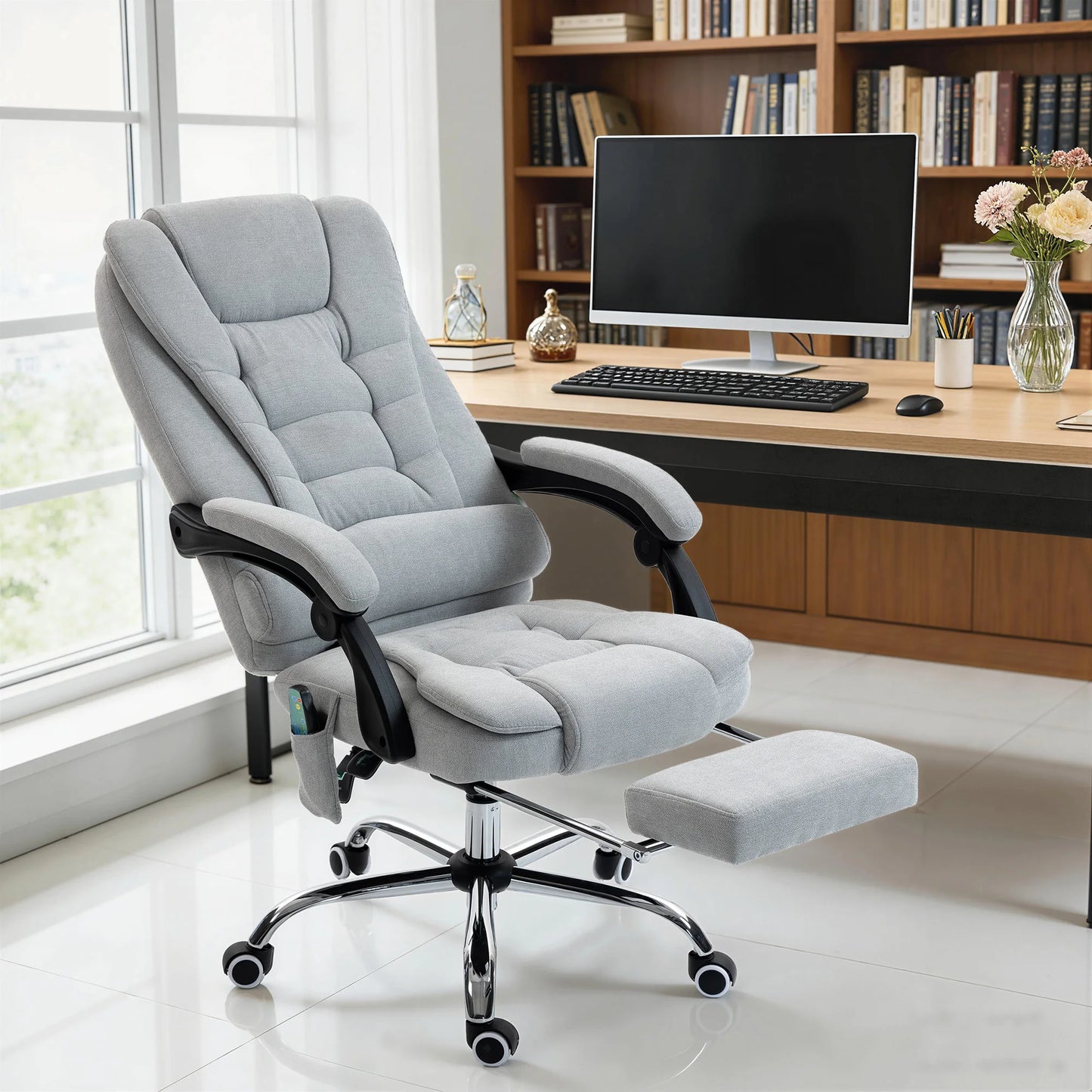 Massage and heated office chair, office chair, adjustable height, reclining back, 65x70x111-119cm, gray