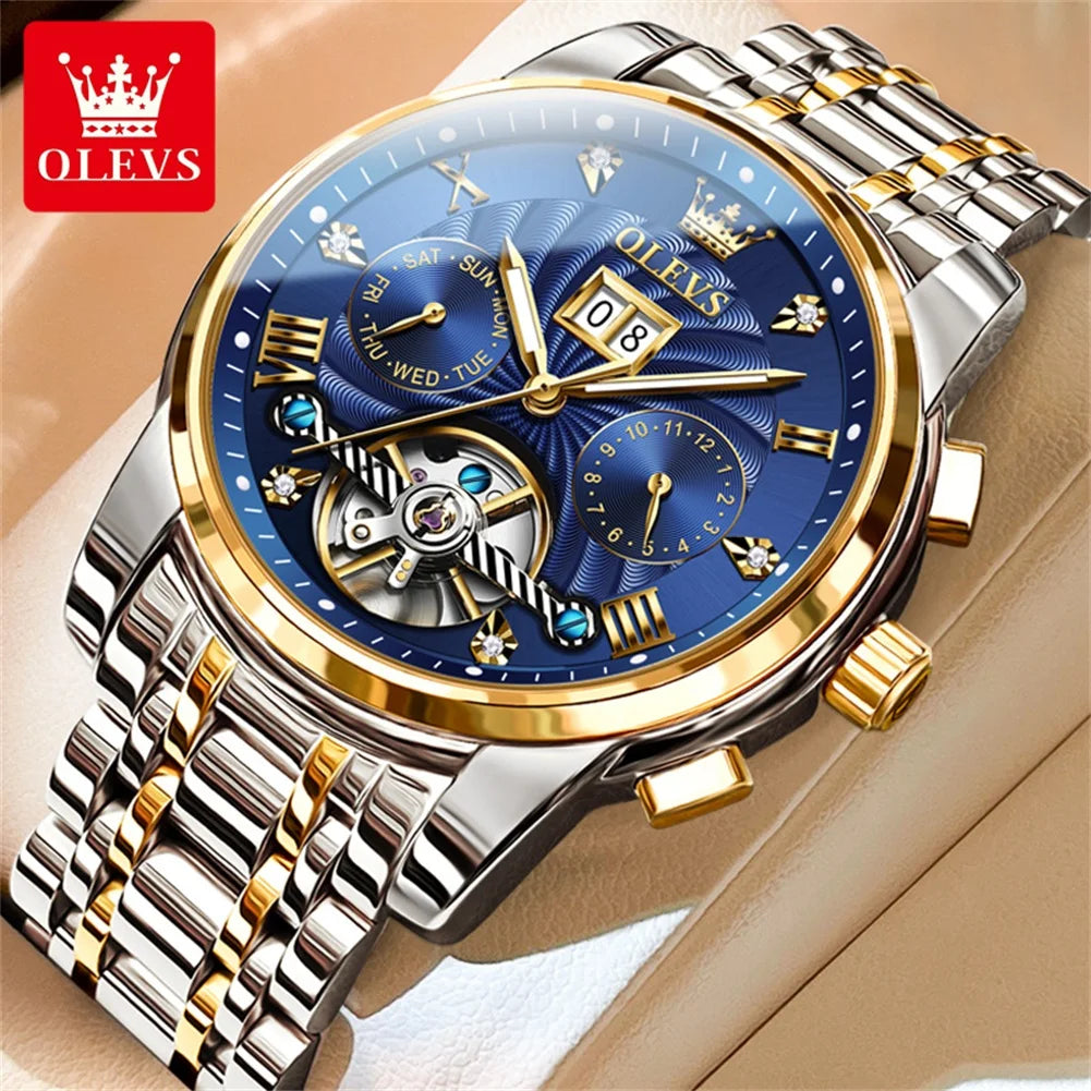 OLEVS 9910 Mens Watch Original Luxury Tourbillon Automatic Mechanical Watche Waterproof Luminous  Day-Date Watch With Box Reloj