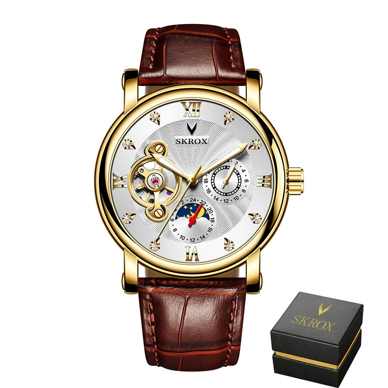 Orologio da polso meccanico automatico di lusso da uomo, firmato da un grande marchio, dotato di tourbillon, fase lunare e diamanti: un elegante orologio da polso.