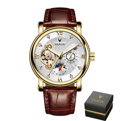 Orologio da polso meccanico automatico di lusso da uomo, firmato da un grande marchio, dotato di tourbillon, fase lunare e diamanti: un elegante orologio da polso.