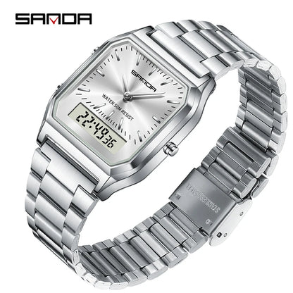 SANDA 747 Luxury Mens G Style Watches Stainless Steel Women LED Digital Dual Display Clock Unisex Waterproof Sports Quartz Watch