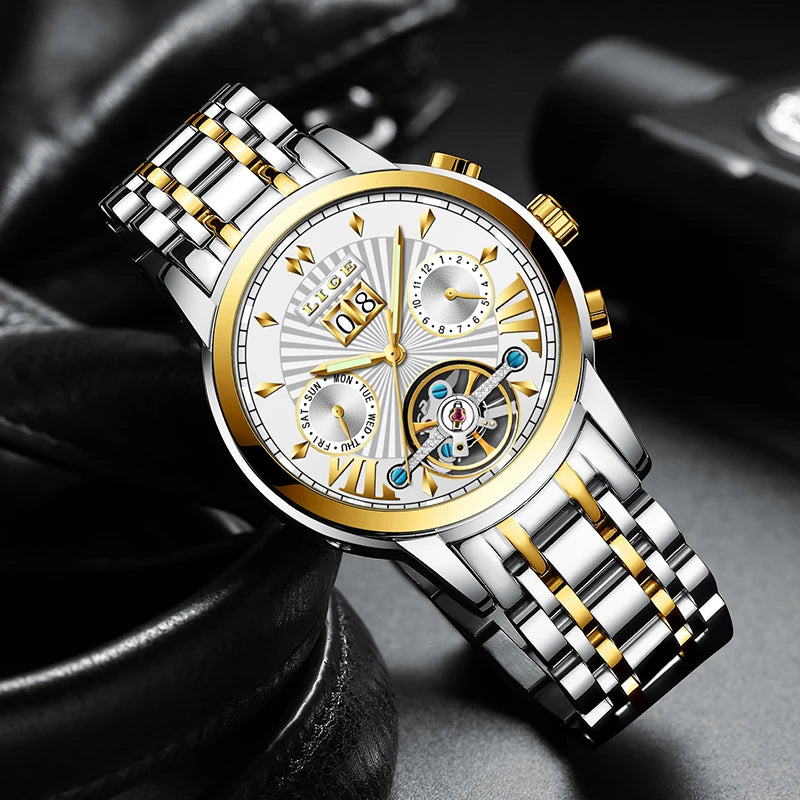 LIGE mekaniske automatiske armbåndsure til mænd – Luksuriøst ur i topklasse med tourbillon, elegant og vandtæt model, ideelt til arbejde eller formelle lejligheder.