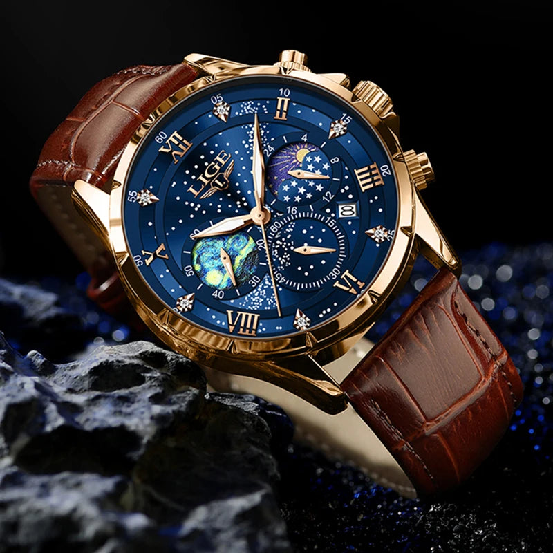Relógio para homem LIGE – Relógio de quartzo de luxo, estilo descontraído, bracelete em pele, ideal para o trabalho ou para a prática desportiva, resistente à água, com data e cronógrafo.