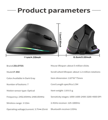 Rechargeable Wireless Vertical Mouse With Screen Display  Ergonomic Mice 6 Button Progammable Gaming Mouse for Gamer Desktop