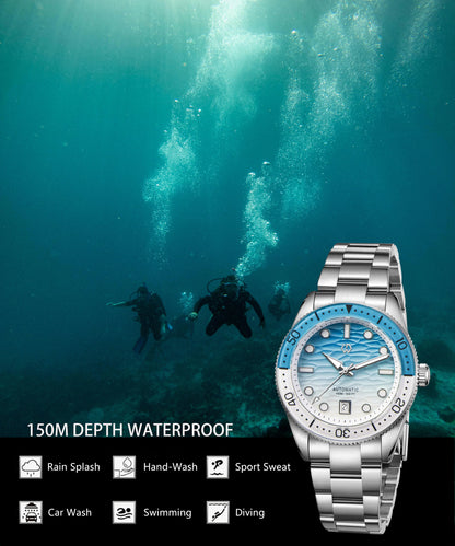 WISHDOIT Men's Automatic Dive Watch With Ocean Blue And White Ripple Dial 8215 Movement Sapphire Glass Mirror