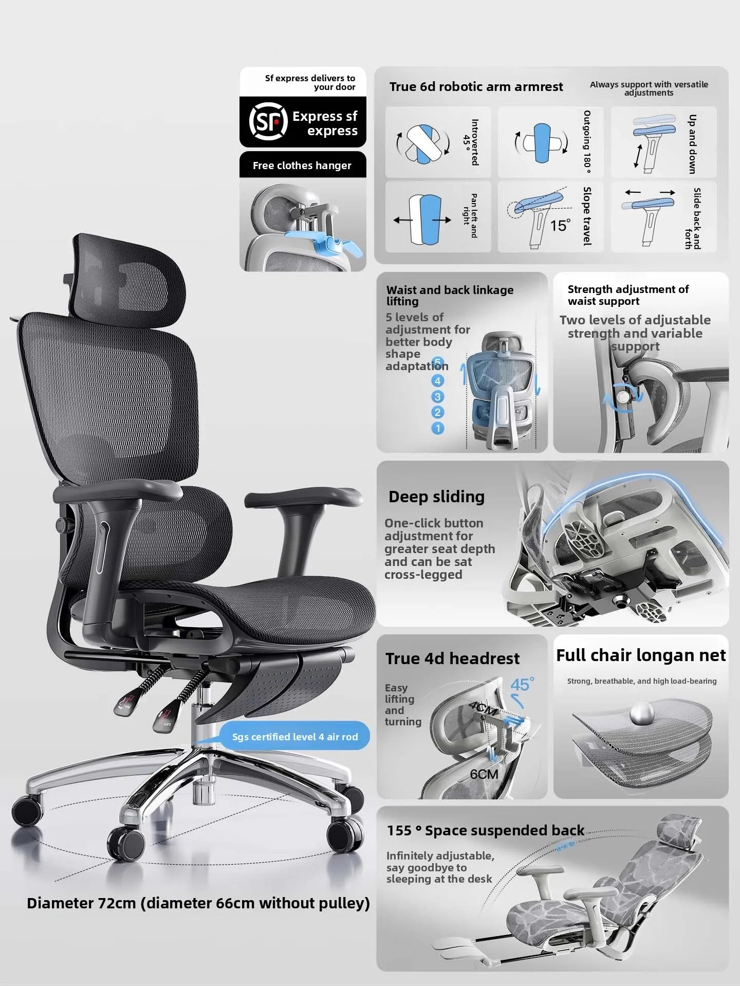 Ergonomic Office Chair Comfortable Long Sitting Home Gaming Computer Recliner Nap Chair Adjustable Height Lumbar Support Swivel